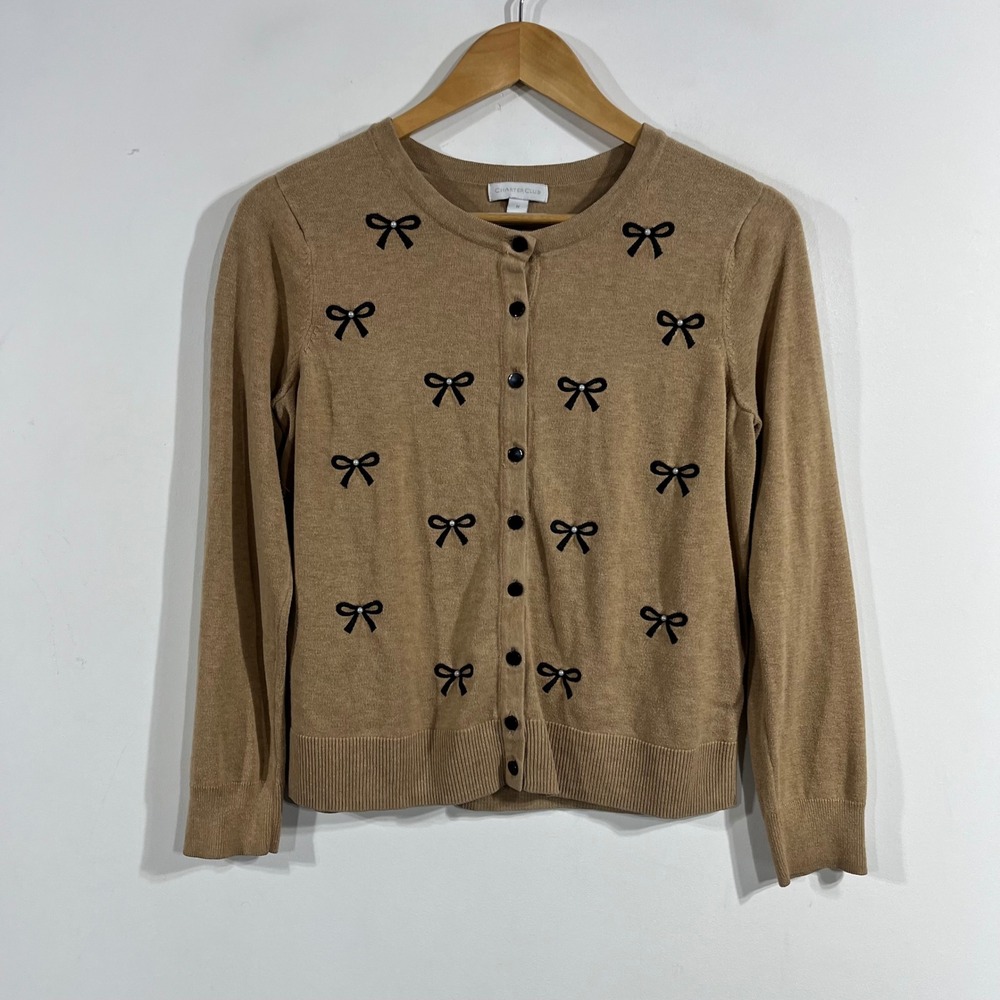 Charter Club Parisian Coquette Bow Embroidered Button Front Cardigan Sweater M